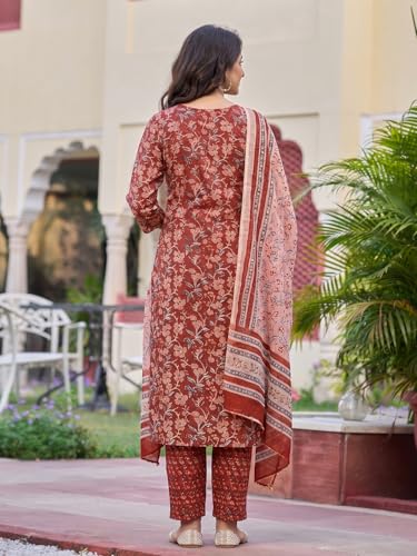 Image of ANNI Designer Kurta Set Women Cotton Blend Printed | Kurti Set Woman | Kurta Pant Dupatta 3 Piece Outfit | Round Neck V-Slit 3 /4 Sleeve Straight Fit Ethnic Wear Ladies Dress Stylish Clothing