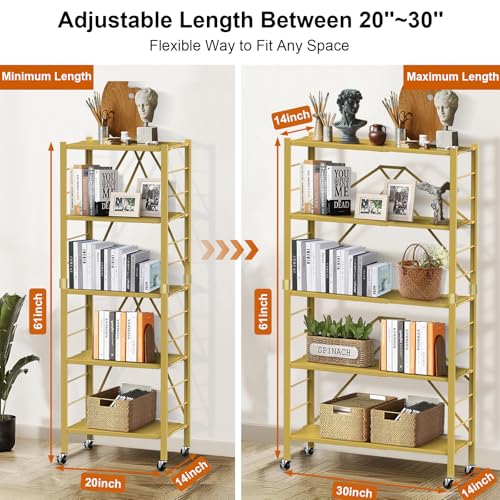 Image of Himix 5-Tier Storage Shelf with Wheels Foldable Expandable Adjustable Gold | Folding shelving units, Metal collapsible organization, Changeable into 2 shelf units, Basement, Kitchen, Holds 2400 Ibs