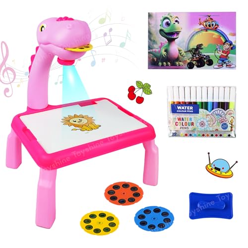 Image of Toyshine Dino Theme Smart Projection Drawing Board with Music Include Art Supplies Doodle Table Kit | Trace and Draw Projector Toy for Kids Age 3+ (Pink)