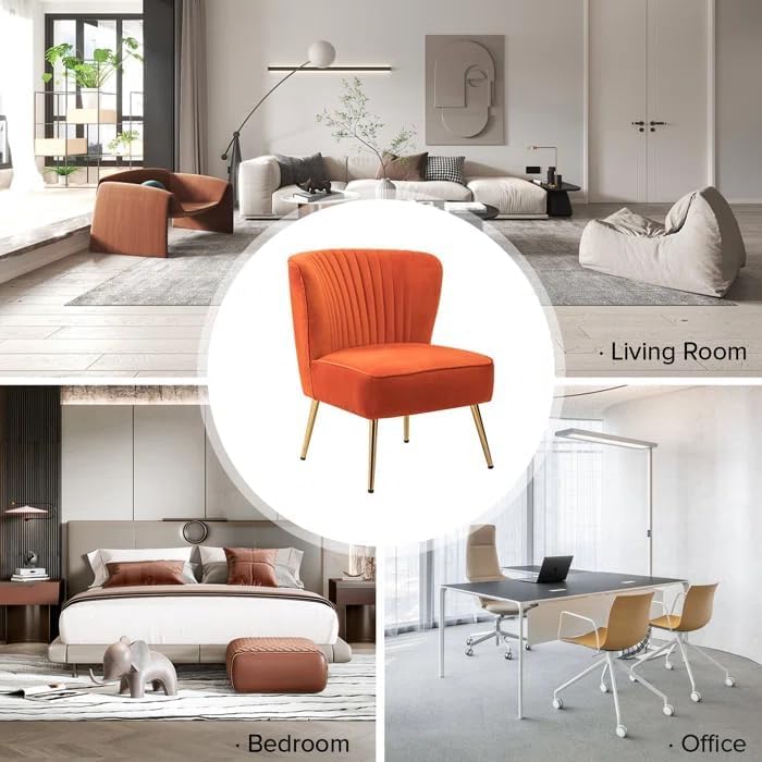 Image of Modern Upholstered Accent Velvet Chair Single Seater Channel Tufted Wing Back Chair with Golden Matel Legs for Living Room, Bedroom, Dining Room, Orange