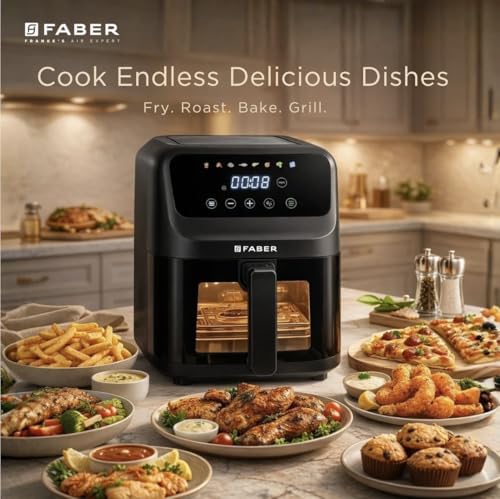 Image of Faber 6L 1500W Digital Air Fryer | Fry, Bake, Roast | 85% Less Oil, 200C Swirl Heating Technology |8-Preset Menu|View Window|Touch Control Interface| Auto Shut-Off |2 Yrs Comprehensive warranty|Black