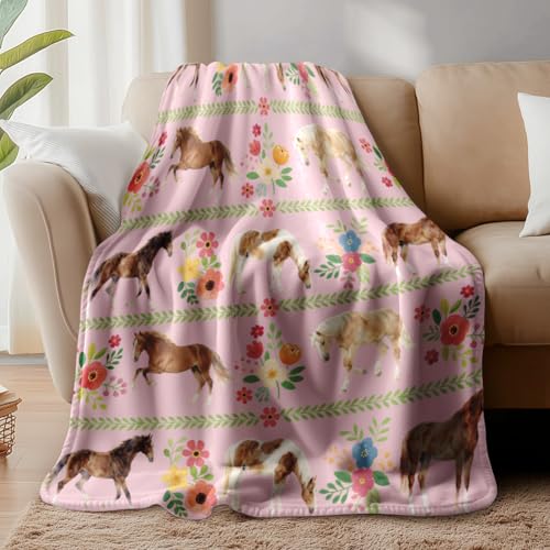 WADORN Pferdedecke, Kuschelige Weiche Überwurfdecke Mit Pferdeblumen Für Damen Flauschige Flanell Fleece Tierdecken Geschenke Für Pferdeliebhaber Büro Wohnzimmer Schlafsofa, 150x130cm