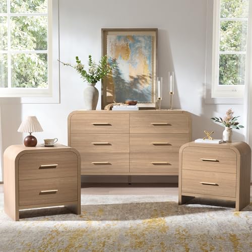 EliteSet 3-Piece Modern Bedroom Furniture Set, 6-Drawer& 2-Drawer Nightstands Set of 2, Unique Curved Design Wooden Dresser and Nightstand Sets for Bedroom, Hallway, Oak