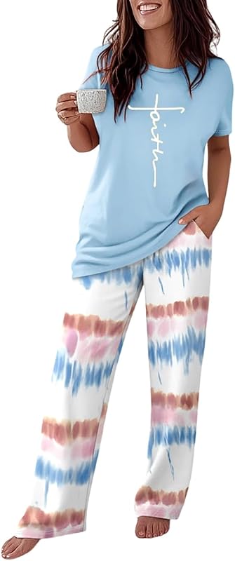 CHICME Conjuntos de pijamas para mujer de 2 piezas de manga corta conjunto de salón impreso pantalones sueltos conjuntos de pijama conjunto de ropa de descanso