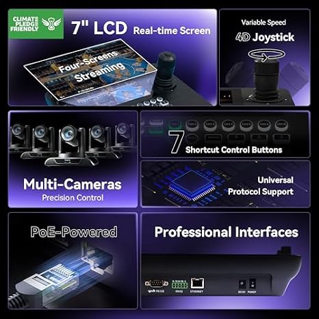 Tenveo PTZ Camera Bundle/Kits - 30X AI Auto Tracking NDI SDI/HDMI/USB3.0/LAN(PoE) PTZ Camera(2pcs) and 7 LCD Quad-Screen NDI PTZ Joystick Controller Kit for Church Worship Services Live Streaming