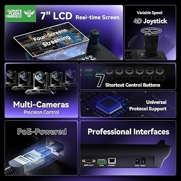 Tenveo PTZ Camera Bundle/Kits - 30X AI Auto Tracking NDI SDI/HDMI/USB3.0/LAN(PoE) PTZ Camera(2pcs) and 7 LCD Quad-Screen NDI PTZ Joystick Controller Kit for Church Worship Services Live Streaming
