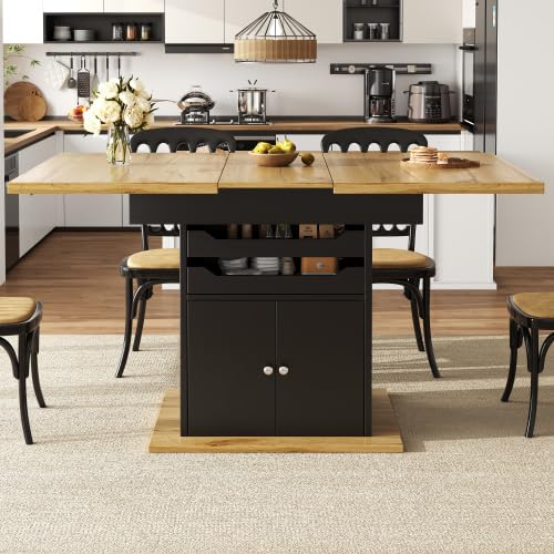 Merax Telescopic Dining Table with Storage, 110-140×80 cm, Extendable Kitchen Table for 4-6 People, Foldable Space-Saving Table with 2 Drawers and Storage Cabinet