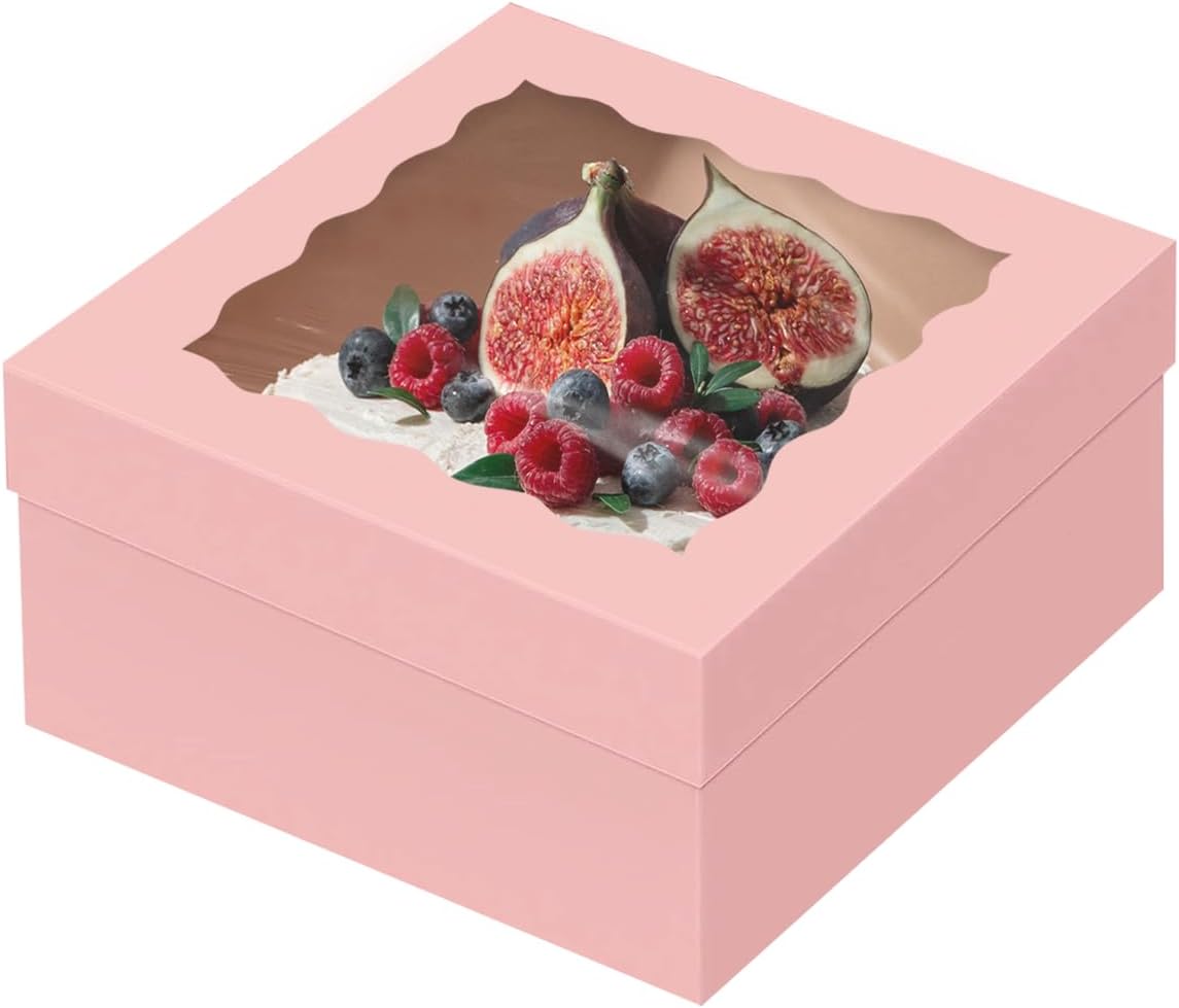 Pink 12x12x8 Cake Box, 4 Sets Pink Cake Box with Window ＆ 4 Sets