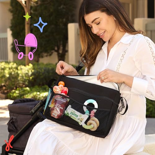 J.L. Childress Cool 'N Cargo Stroller & Wagon Cooler - Insulated Stroller Organizer Bag with Cup & Bottle Holder, Travel Accessory for Parents, Universal Fit, Large Capacity Storage Attachment - Black