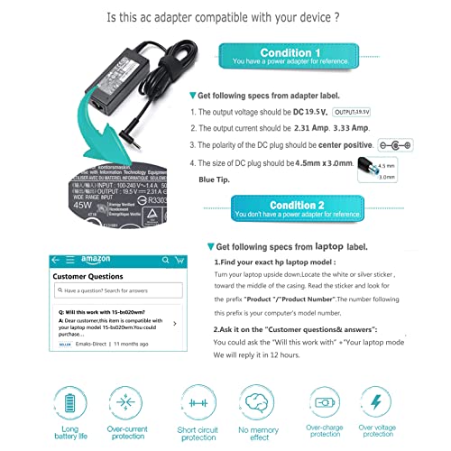45W 65W Emaks Ac Adapter/Laptop Charger/Power Supply For Hp Pavilion 15-F:15-F111Dx 15-F272Wm 15-F211Wm 15-F271Wm 15-F233Wm 15-F387Wm 15-F211Nr 15-F337Wm 15-F224Wm 15-F269Nr Af093Ng And More Hp Laptop #TOP4