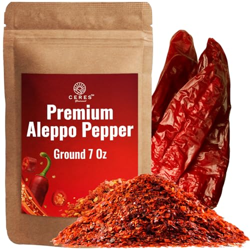 Ceres Gourmet Aleppo Pepper 7 Oz, Premium Freshly Ground, Exquisite Flavor and Mild Heat, Perfect for Homemade Cooking, Seasoning and Mediterranean Dishes, Pure Crushed Pepper Spice for Recipes (200g)