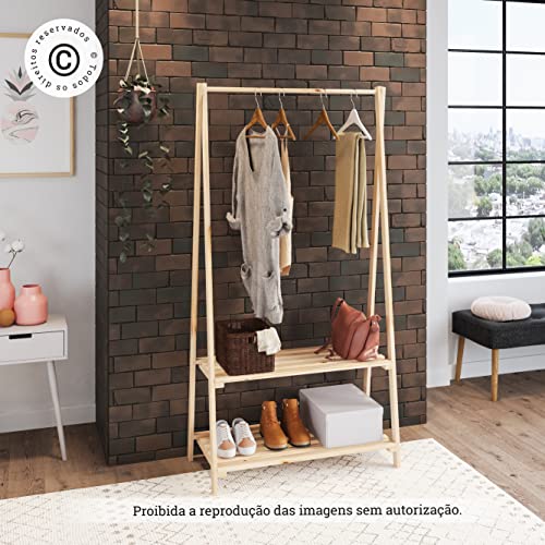 Arara Expositor para Roupas com Prateleiras e Cabideiro em Madeira