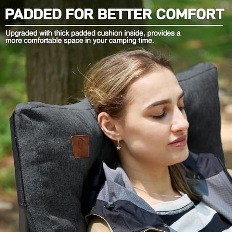 EVER ADVANCED Padded Oversized Folding Camping Chair for Adults, Heavy Duty Lawn Chair with Side Pockets, Portable Collapsible Quad Chair for Outside, Support Up to 500lbs, Black