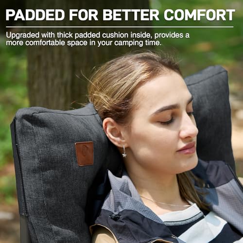 Image of EVER ADVANCED Padded Oversized Folding Camping Chair for Adults, Heavy Duty Lawn Chair with Side Pockets, Portable Collapsible Quad Chair for Outside, Support Up to 500lbs, Black