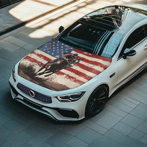 Image of Car Hood Cover Protector Stretchable Auto Hood Wrap Blankets Waterproof American Flag Horse Racing Print Auto Exterior Accessories for Compact Sedans SUV Trucks Vans