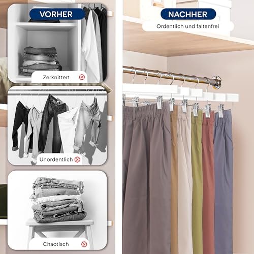SereneLife Hosenbügel aus Holz mit Clips, hochwertig, strapazierfähig, für Jeans, Hosen, Röcke, Shorts, Uniformen, 360° drehbarer Haken, verstellbare Clips, 35,5 x 1,3 x 17 cm, Weiß, 10 Stück
