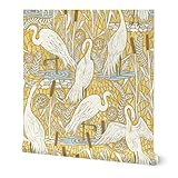 Removable Wallpaper Swatch - Watching Cranes Coastal Mosaic Stained Glass Nature Swamp Marsh Large Birds White Cranes Yellow Blue Custom Pre-Pasted Wallpaper by Spoonflower