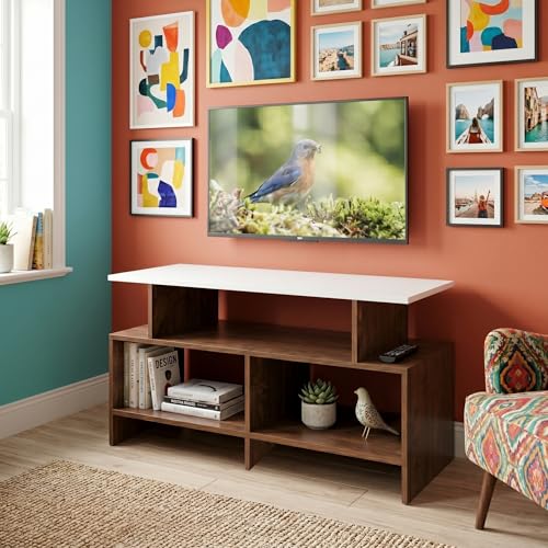 Image of Alpine Willow TV Stand Wooden (DIY Assembly) | TV Stand Table for 32-50 Inch TVs | TV Unit for Living Room | TV Entertainment Unit | TV Cabinet with Storage -110x30x57 cm (Walnut)