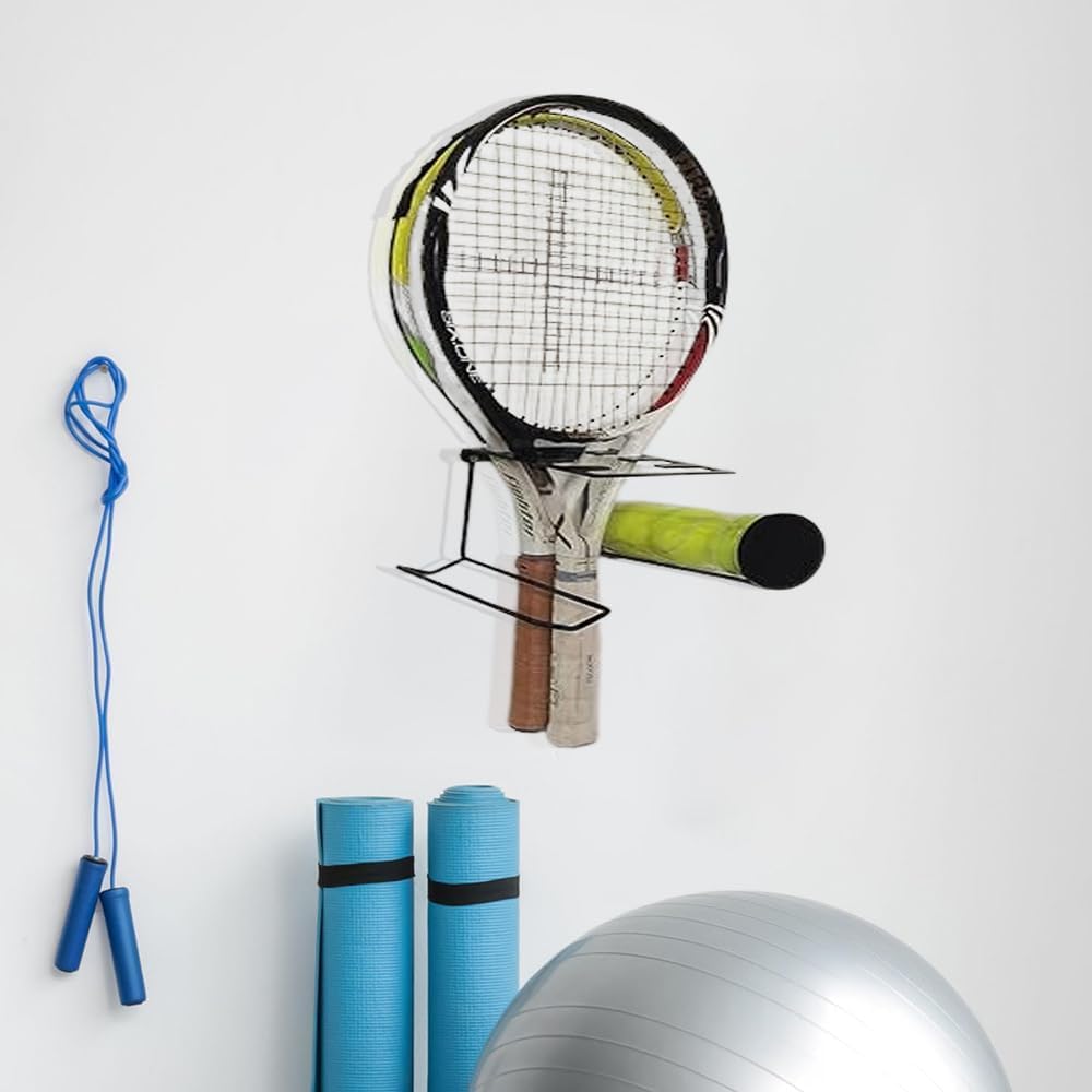 Hanging Metal Tennis Racquet and Tennis Ball Storage Rack, Wall Mounted Racket Holder Black Colour