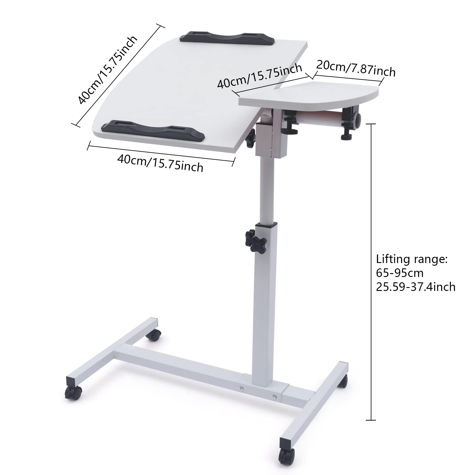 Supporto per laptop su scrivania regolabile in altezza, tavolino bianco girevole per ufficio, MDF, legno, acciaio, design elegante