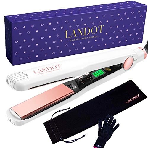 LANDOT Professional Hair Straightener Nano Titanium Flat Iron with Digital LCD Display, Instant Heating, Adjustable Temp, Dual Voltage, Auto Shut-Off, 1-1/4 inch Floating Plate Anti-Detangle