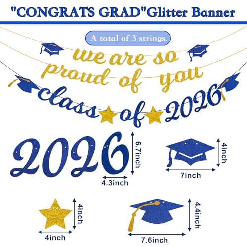 Image of Graduation Banner 2026, Gold Glitter-We Are So Proud of You Graduation Party Decorations Congratulations Banner Blue and Gold Class of 2026 Congratulations Decorations
