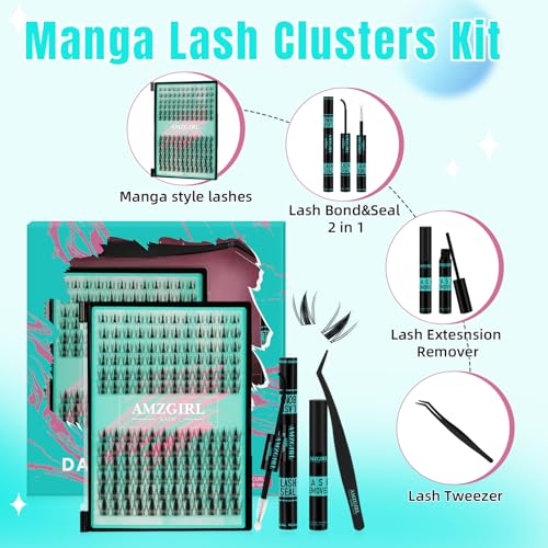 Zestaw przedłużek do rzęs Manga Lashes 144 szt., Fairy Cluster Lashes z wiązaniem i pieczęcią, aplikatorem (zestaw 8-16 mm, Black Bond)