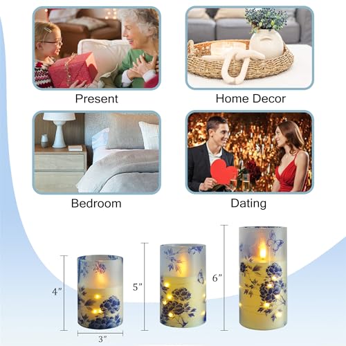 Image of Flameless Candles with String Lights - Set of 3 Chinoiserie Battery Operated Candle Flickering Floral LED Pillar Candles with Timer Remote for Home Decor Romantic Ambiance