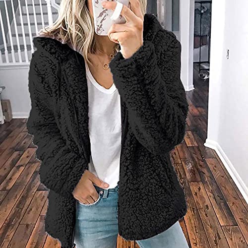 Xfenzhu Womens Fluffy Fleece Coat Sherpa Faux Fur Jackets With Hood Fuzzy Full Zip Hooded Sweatshirt Hoodies Outwear, Black, Xx-Large #TOP1
