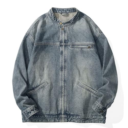 JEShifangjiusu Mens Stand Collar Spring Trendy Coat Moto Biker Zip Up Lightweight Jacket Slim-Fit Distressed Denim Outwear2