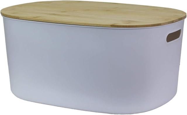 Muddy Hands Plastic Storage Box with Bamboo Lid Home Kitchen Bedroom Bathroom Office Stackable Lidded Basket Container (1, 12 Litre White)