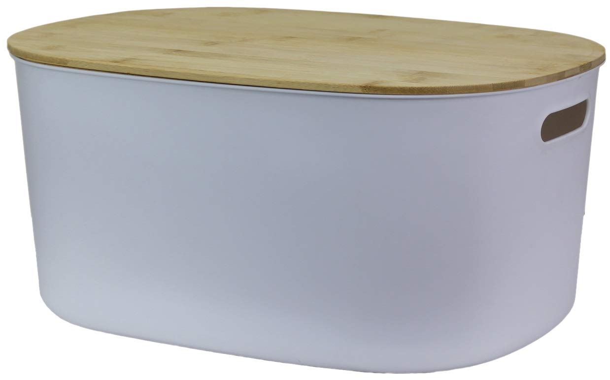 Muddy Hands White Plastic Storage Box With Bamboo Lid Home Kitchen Bedroom Bathroom Office Stackable Lidded Basket Container (2, 12 Litre )