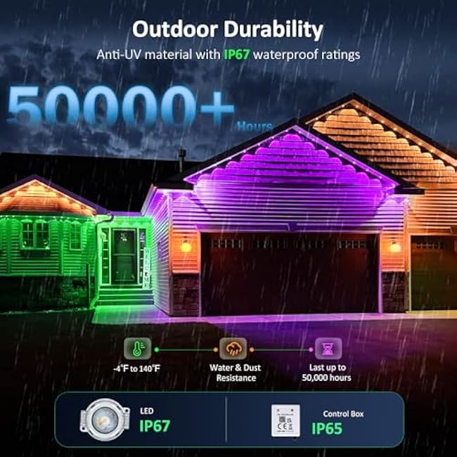 IVRICH 100FT Permanent Outdoor Lights, Smart RGB Eave Light with APP/Remote Control, IP67 Waterproof, DIY Scene Modes, Music Synchronization, Timer Function, for Christmas, Party, Holiday Decor