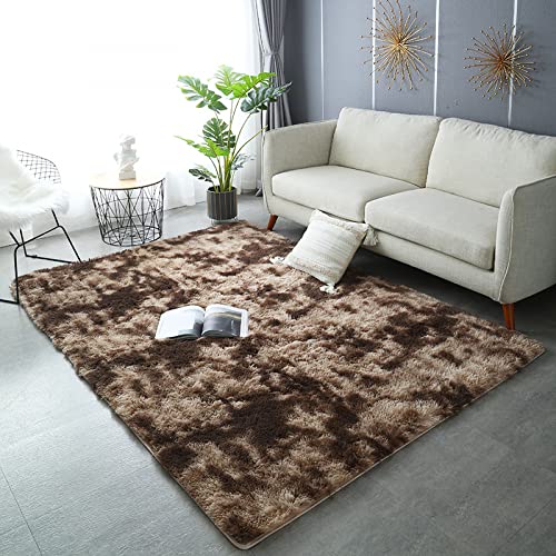 Alfombra moderna, antideslizante, mullida, de pelo largo, ideal para salón, dormitorio o habitación de los niños, alfombra rectangular grande antideslizante, marrón oscuro, 160 x 230 cm