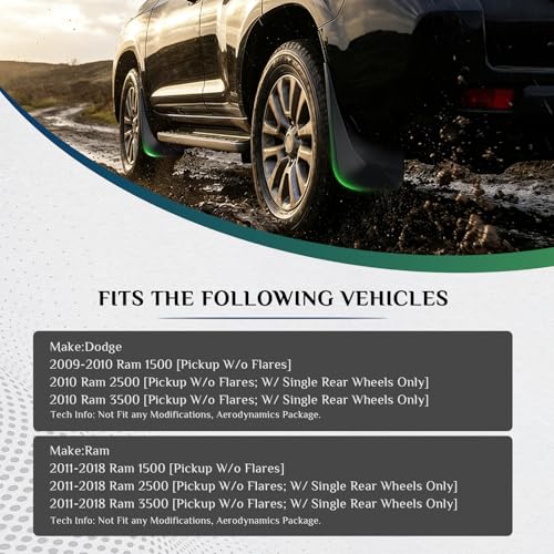 Image of Mud Flaps Fit for 2009-2010 Do-dge Ram 1500 /2500 /3500, 11-18 Ram 1500 /2500 /3500, Fit with Single Rear Wheels, Not fit Vehicle with Fender Flares, Four Seasons Universal Protection, Front /Rear