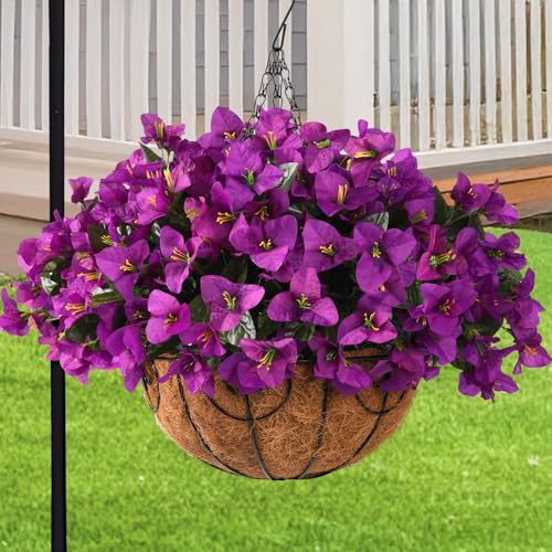 Homsunny Artificial Faux Flowers Hanging Basket for Spring Ourdoor Decor, Fake Flower Silk Bougainvillea Plants UV Resistant Look Real for Outside Porch Patio Balcony Decoration (7 Bundles)