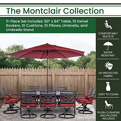 Hanover Montclair 11-Piece All-Weather Outdoor Patio Dining Set, 10 Swivel Rocker Chairs With Comfortable Seat And Lumbar Cushions, 84"X60" Stamped Rectangle Table, Umbrella, And Umbrella Base #TOP6