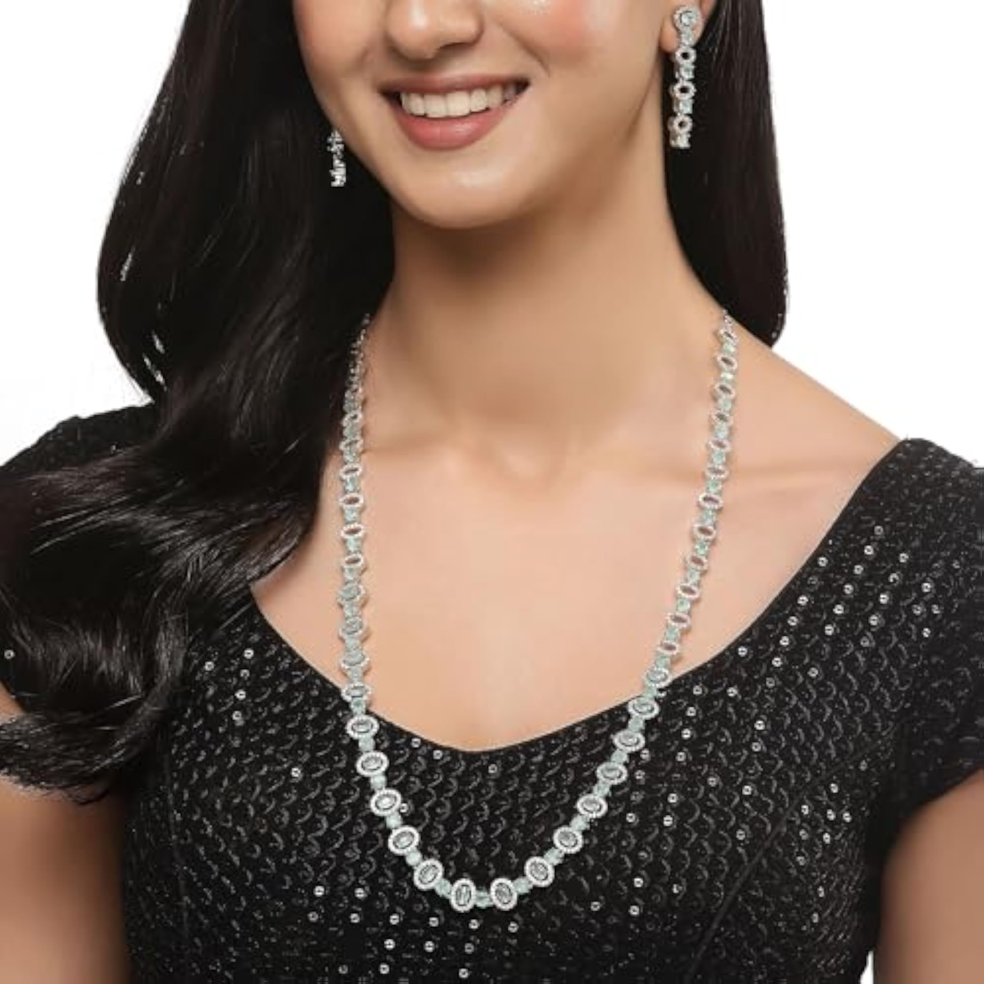 Rhodium-Plated American Diamond Long Necklace Earrings Set