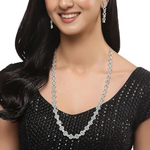 Rhodium-Plated American Diamond Long Necklace Earrings Set