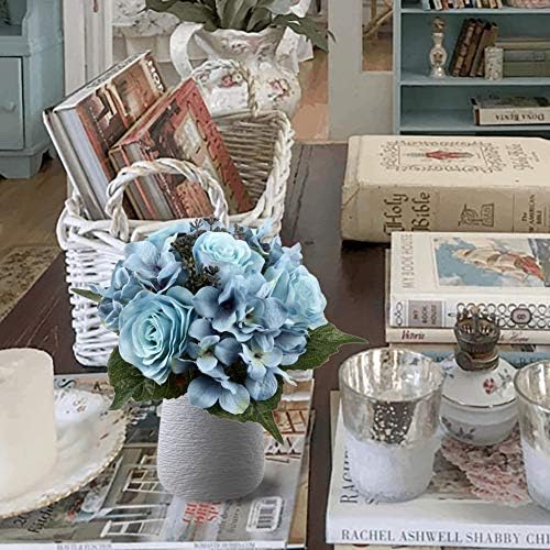 Briful 2 Pack Artificial Roses Hydrangea Silk Flower Bouquet Fake Flowers Bush 9 Heads Blue Artificial Flowers Bridal Bouquet for Wedding Table Centerpieces Home Decoration