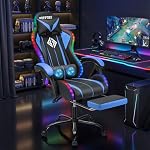 HOFFREE Chaise de jeu avec LED RGB Lumières et massage repose-pieds Chaise d'ordinateur avec repose-tête Ergonomic High Back Chaise de jeu vidéo avec support Lombaire réglable Linkage accoudoir bleu et noir