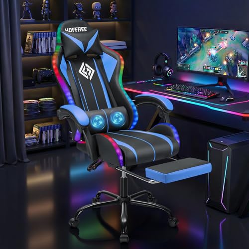 Image of HOFFREE Gaming Chair with LED RGB Lights with Massage and Footrest Ergonomic Computer Chair High Back Video Game Chair with Adjustable Lumbar Support Linkage Armrest Blue and Black