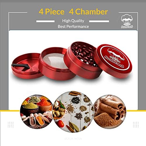 Budbomb Set - Red 4 Layer Zinc Alloy Herb Grinder with a Matching Smell Proof Jar for Dry Herbs and Spices
