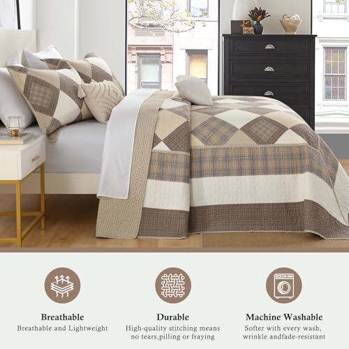 Image of 100% Cotton Oversized King Bedspread 120x120, Brown Cream Plaid | Extra-Wide Coverage, Reversible 3-Piece Bedding Set, Fits Thick Mattresses, Lightweight All-Season Comfort, Modern Farmhouse