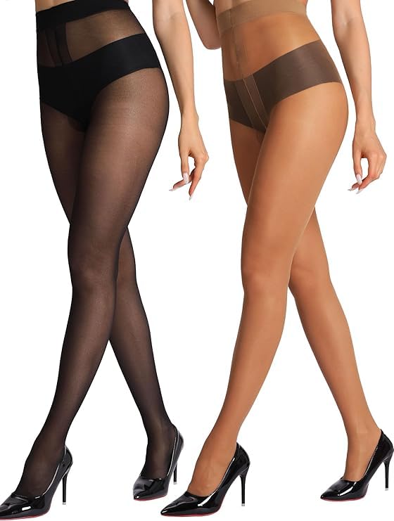 Image of HONENNA Sheer Tights for Women 2 Pairs Ultra Thin Reinforced T Crotch Control Top Pantyhose Stockings