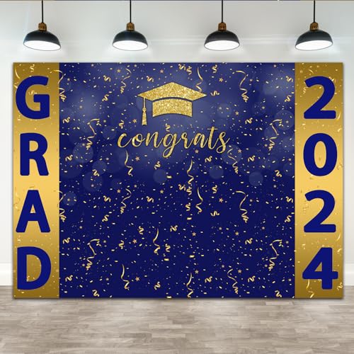 Lofaris 7x5ft Graduation Backdrop Navy Blue and Gold Class of 2024 Congradulation Photography Backdrop Bachelor Cap Congrats Grad Celebration Party Background Photo Booth Studio Props Banner