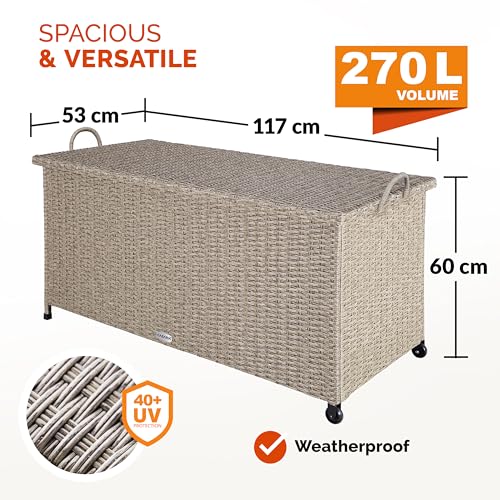 CASARIA® 270 Litre Rattan Garden Storage Box | Storage Boxes with Lids & Wheels | Waterproof UV Resistant | Inner Lining | 117x53x60cm Patio Furniture Cushion Storage Chest with Gas Lift Lid | Cream 2 CASARIA® 270 Litre Rattan Garden Storage Box | Storage Boxes with Lids & Wheels | Waterproof UV Resistant | Inner Lining | 117x53x60cm Patio Furniture Cushion Storage Chest with Gas Lift Lid | Cream - Image 2
