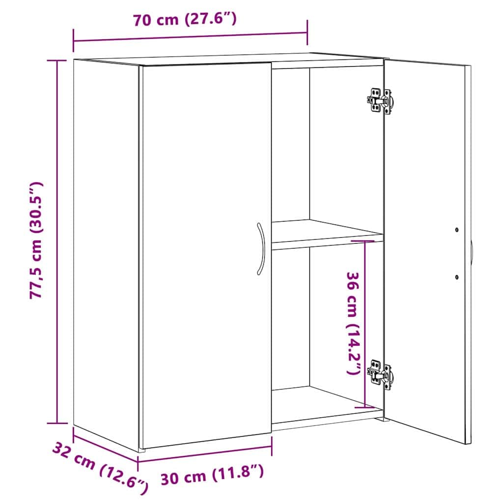 Homogen Büroschrank mit Regal Schwarz Eichen-Optik aus Holzwerkstoff 70 x 32 x 77,5 cm mit 2 Scharniertüren und Bogen-Griffen für effiziente Büroorganisation und langlebige Aufbewahrung