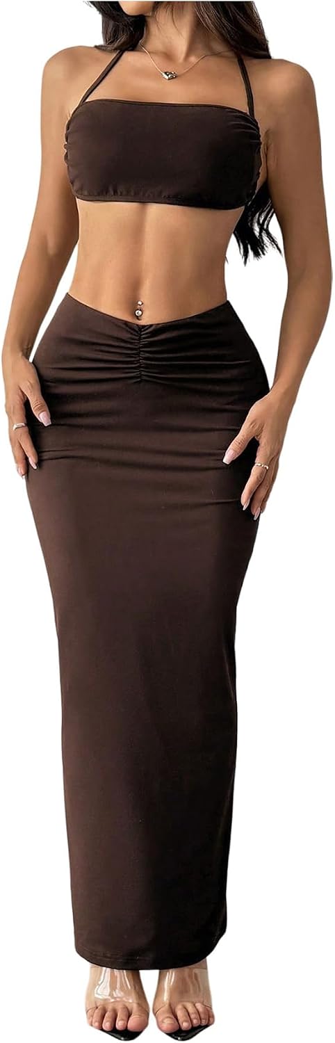 Verdusa Women's 2 Piece Going Out Sets Tie Backless Micro Halter Tops with Maxi Skirt Rave Outfits