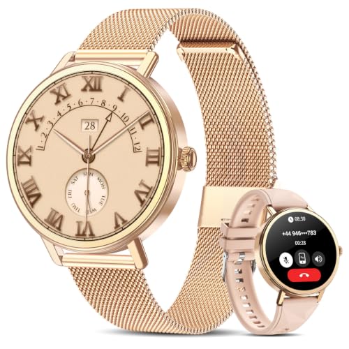 IOWODO Smartwatch Damen mit Telefonfunktion, 1,26 Zoll HD Touchscreen, Bluetooth 5.4, 100+ Sportmodi, Herzfrequenz- und SpO2-Messung, Zyklus-Tracker, IP68 Wasserdicht, Geschenk für Frauen, Roségold